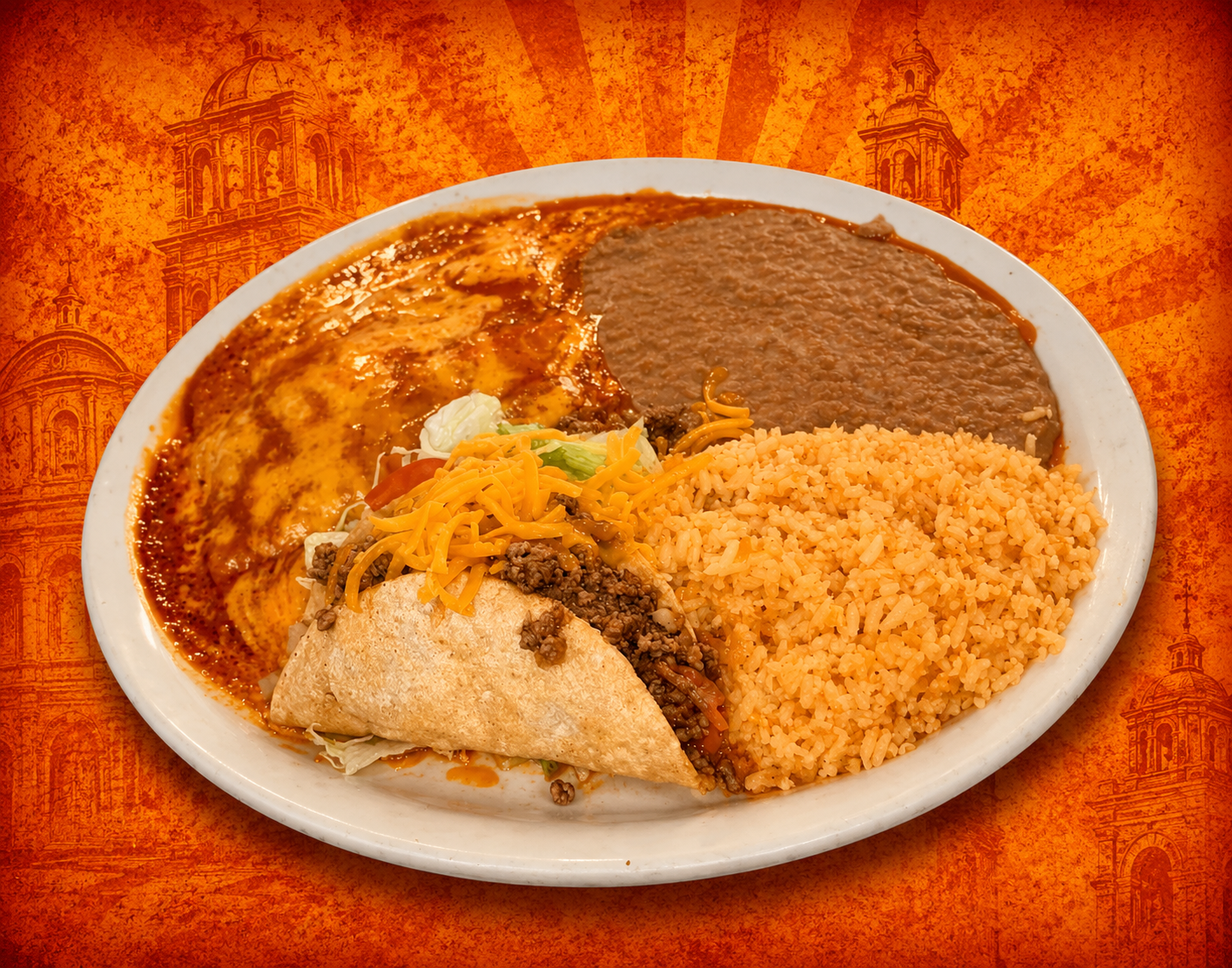 Mexican plate with cheese enchilada, crispy beef taco, rice and refried beans