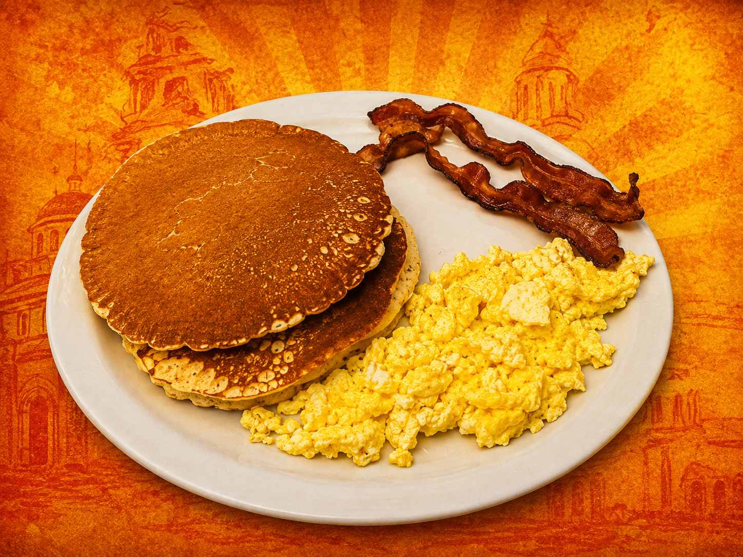 Pancake plate with scrambled eggs and bacon